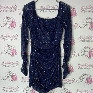 Mxrag dress mini sparkly splatter print silver Elegant Navy Blue Dress rutched